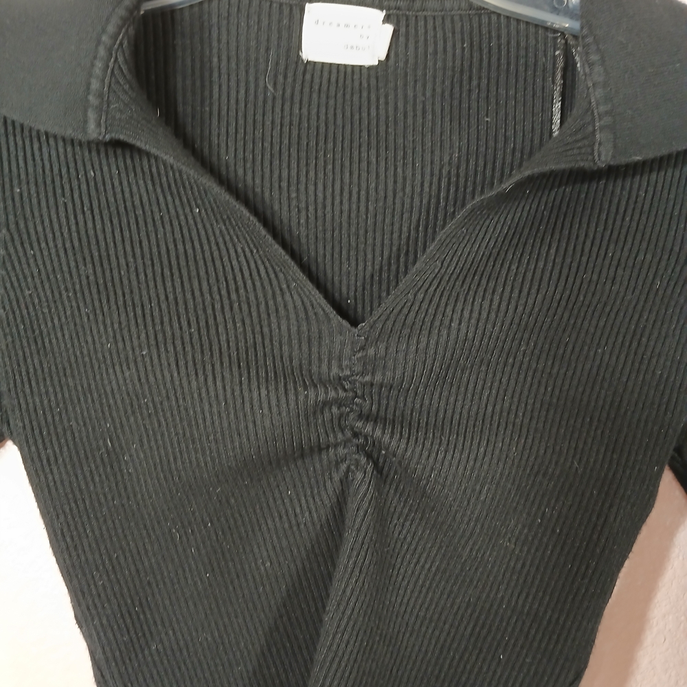 Dreamers By Debut Ribbed Long Sleeve Collared Crop Top In Jet Black Size XL NWOT - Picture 2 of 6